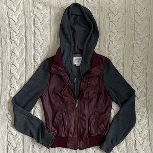 Dravus Faux Leather Vest + Hoodie Layered Jacket - Burgundy & Dark Grey